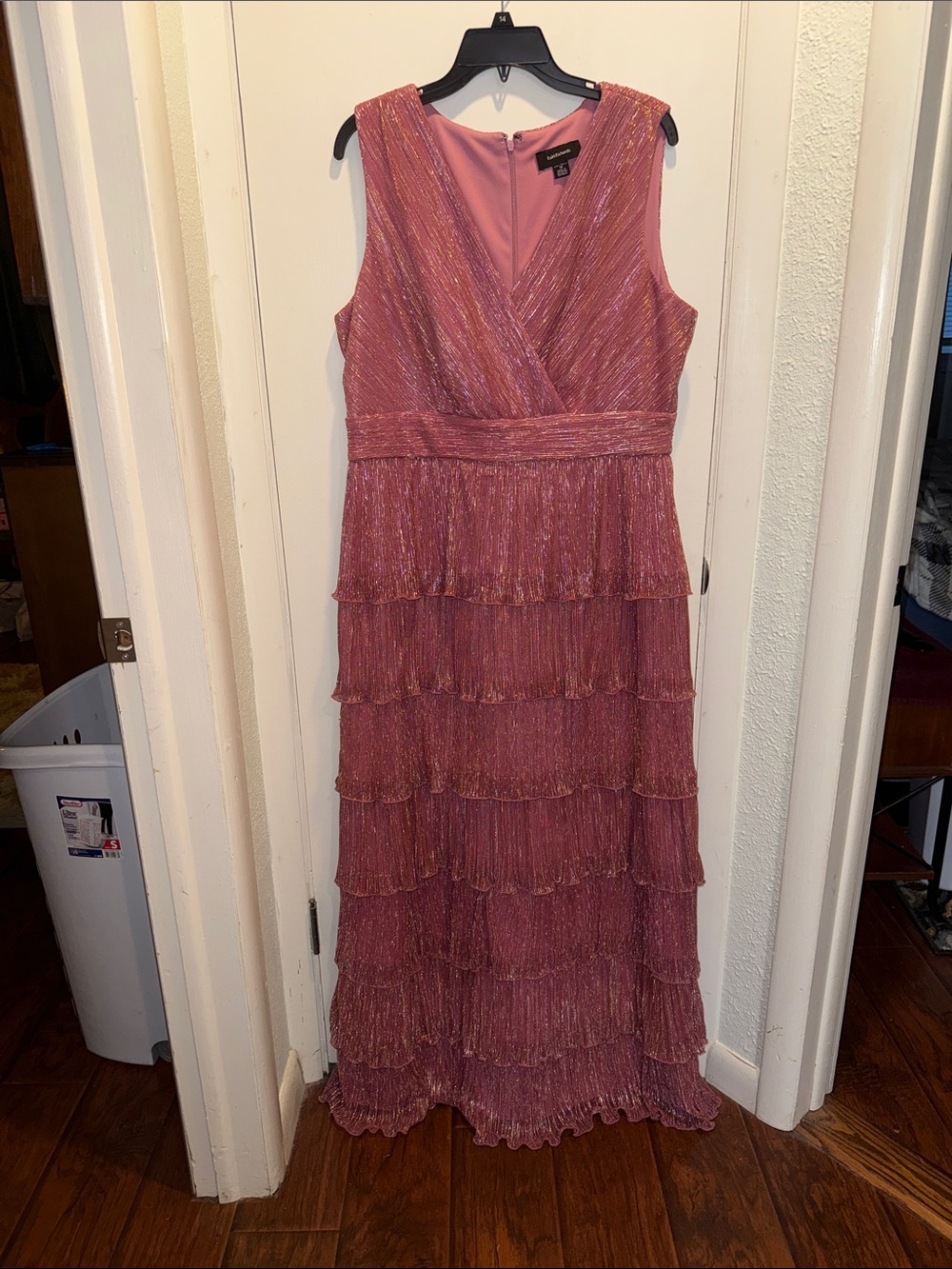 R&M Richards Rose Pink Metallic Tiered Maxi Dress
